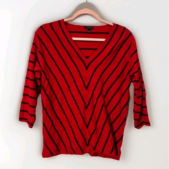 Talbots Women's Medium V-Neck Striped Knit Sweater Red Black 3/4 Sleeve Top - Picture 1 of 5
